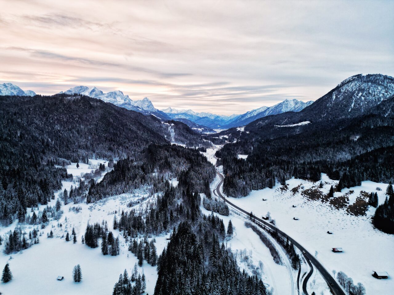 Winter valley with winding road