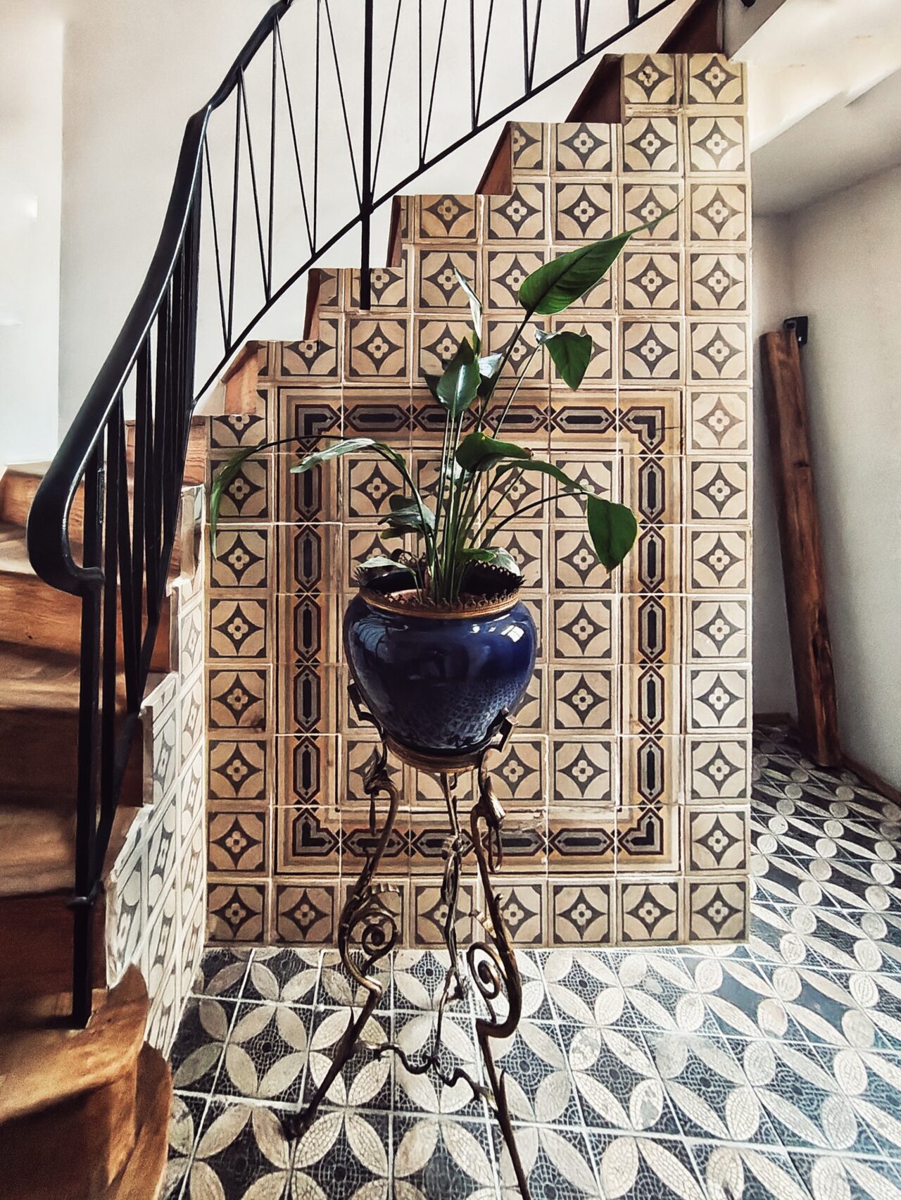 Single flower pot in tiled staircase