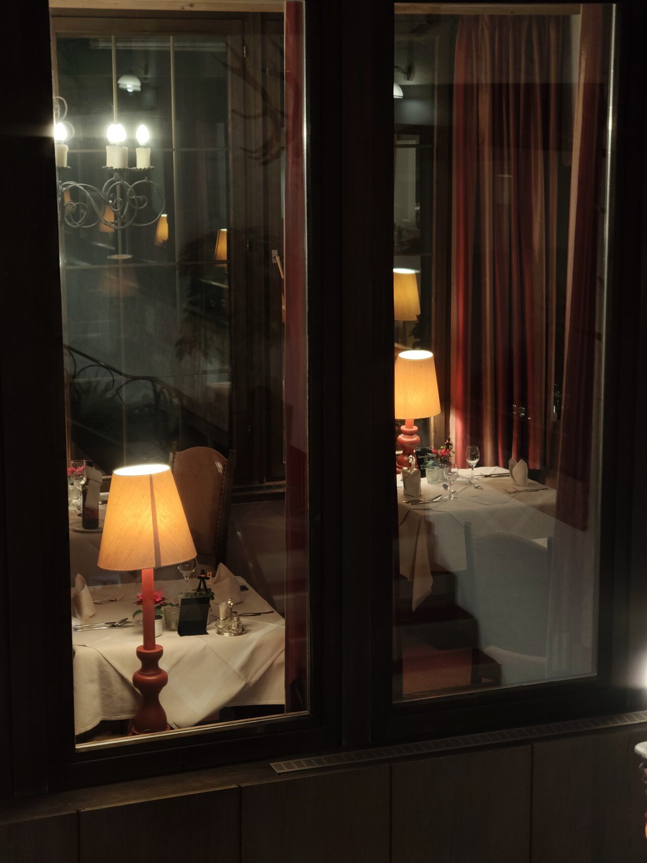 60s dining tables through window